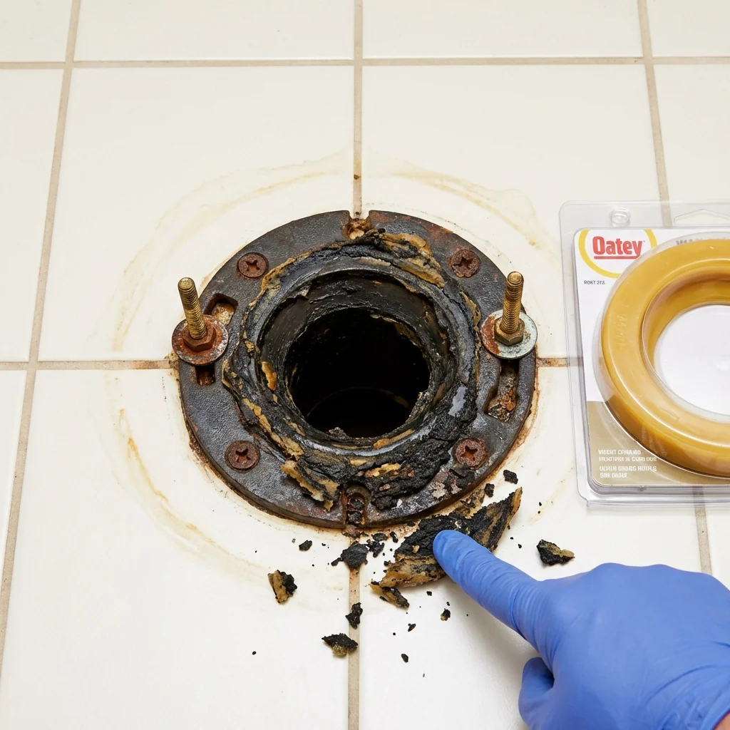 Failed wax ring showing water seepage at the base of a toilet in a Lindsay, TX home